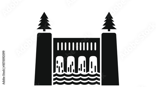 A minimalist illustration depicting a dam structure with flanking evergreen trees