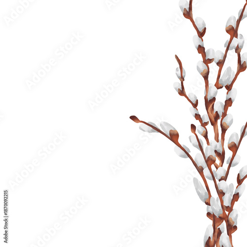 Hand-drawn watercolor Easter illustration featuring decorative frames made of pussy willow branches. Soft watercolor textures 