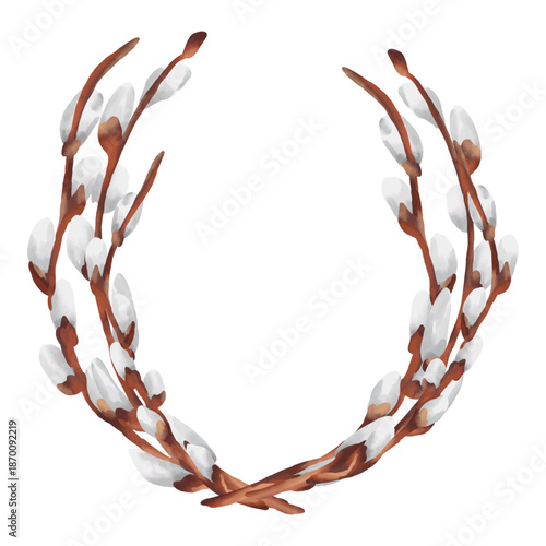 Hand-drawn watercolor Easter illustration featuring decorative frames made of pussy willow branches. Soft watercolor textures 