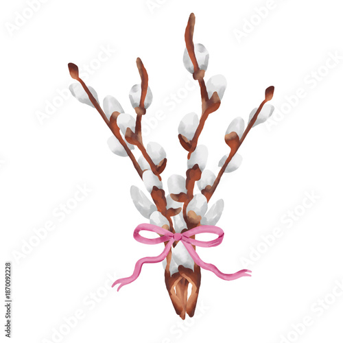 Hand-drawn watercolor Easter illustration featuring delicate pussy willow branches
