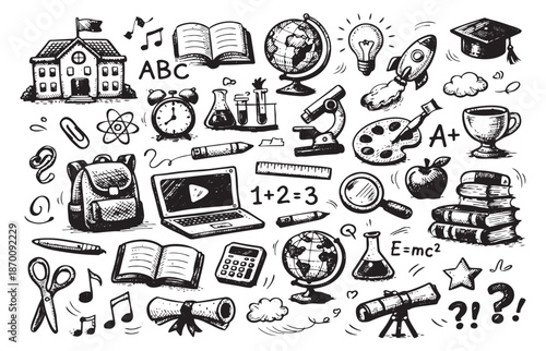 Hand drawn line art education items set featuring various school and learning objects for studying and academic purposes