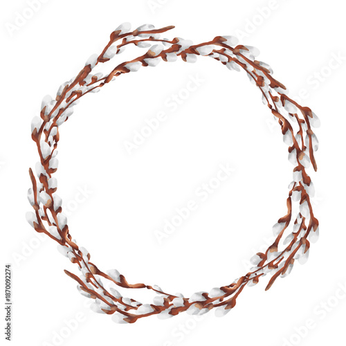 Hand-drawn watercolor Easter illustration featuring decorative frames made of pussy willow branches. Soft watercolor textures 