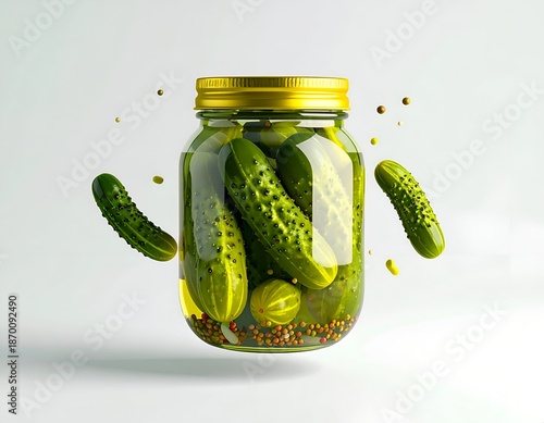 Jar of vibrant green pickles, some floating, against a neutral background