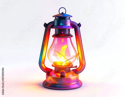 Vibrant, colorful, antique lantern with glowing fire, on white