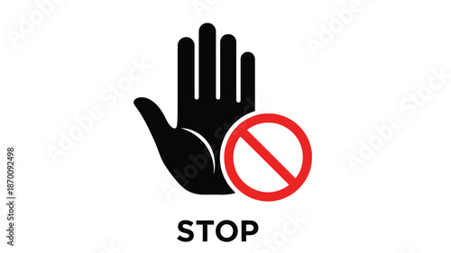 A black hand silhouette with a red stop sign and the word stop displayed
