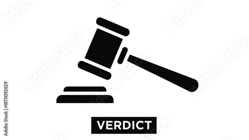 A black gavel and sound block with the word verdict displayed below it