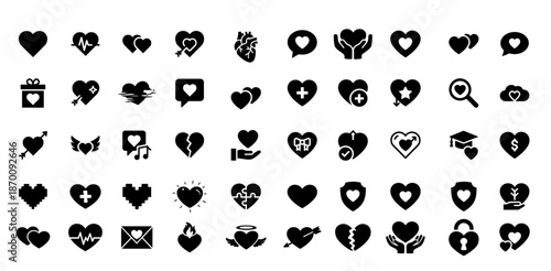 Heart icon set with love, romance, health, care, charity and relationship symbols in black