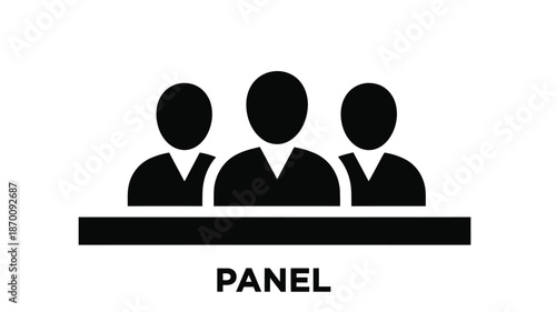 A simple black and white graphic depicting three heads above a rectangular panel