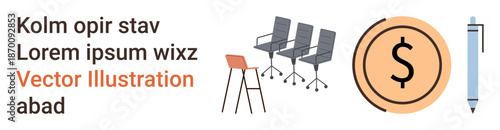 Business presentations, office workspace, finance icons, corporate branding, stationery, visual aids. Chairs, a dollar symbol and a pen. Business presentations and office workspace concept