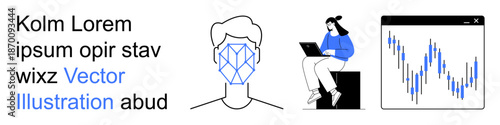 Identity verification, remote work, stock market analysis, digital security, income visualization, trends monitoring. A face scan, seated worker data chart. Identity verification and remote work