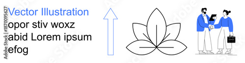 Business teamwork, career growth, mindfulness, wellness, professional interaction, balance. Two professionals exchanging ideas next to a lotus symbol and arrow. Business teamwork and career growth