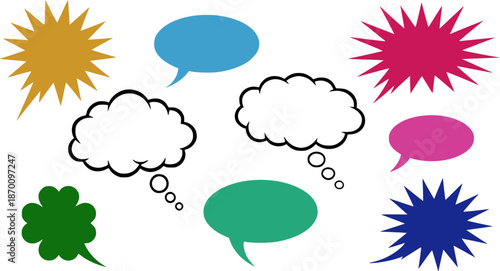 Set of colorful speech and thought bubbles. Crayon speech bubbles doodle set. Children pencil dialog balloon doodle text cloud. Vector, transparent background EPS version.