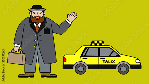 A man with a beard and wearing a hat and suit stops a taxi