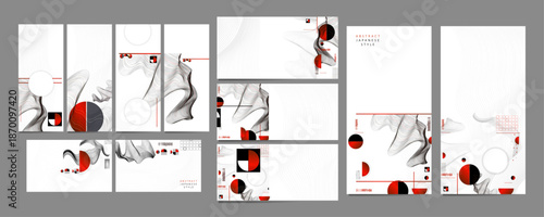 Scattered Layouts Grid Play Retro Aesthetics Posters set. Design Japanese style templates set invitations to lines abstract backgrounds