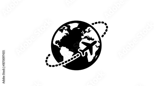 Vector illustration of an airplane circling the globe, representing global travel, tourism, and worldwide journey on transparent background