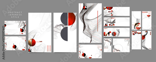 Scattered Layouts Grid Play Retro Aesthetics Posters set. Design Japanese style templates set invitations to lines abstract backgrounds