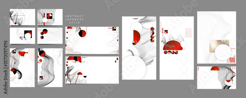 Scattered Layouts Grid Play Retro Aesthetics Posters set. Design Japanese style templates set invitations to lines abstract backgrounds