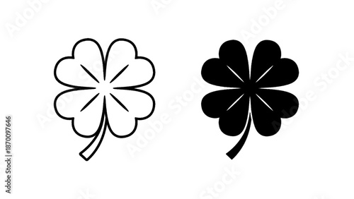 Vector illustration of lucky four-leaf clover symbols in outline and solid styles, on transparent background