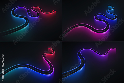 Winding bright light road concept on a black background. Abstract arrow concept.