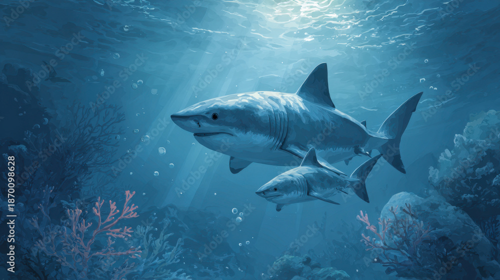 Obraz premium Underwater shark ocean marine life coral reef sea predator fish nature wildlife blue