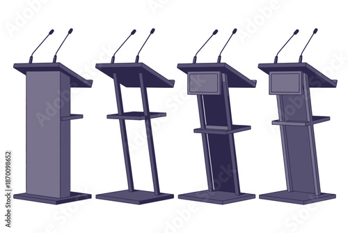 A row of modern podiums with microphones for public speaking events