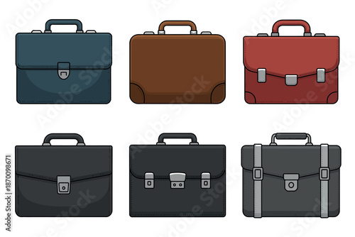 A collection of colorful briefcases arranged in two rows on a white background
