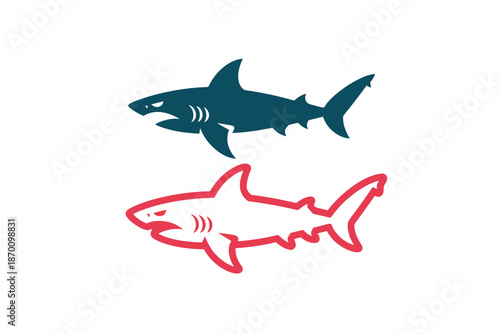 A graphic illustration of two cartoon sharks in different colors on a white background