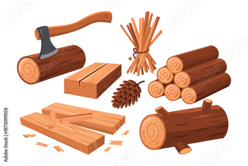 A collection of wooden logs and tools for woodworking and fire starting