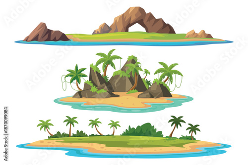 A serene illustration of three tropical islands with palm trees and rocky formations