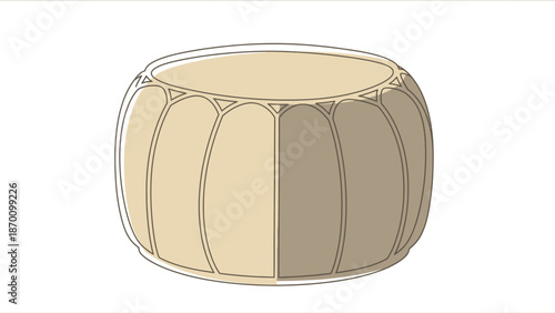 Round Light Beige Pouf Ottoman with Decorative Stitching Details