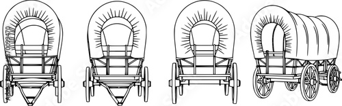 Set of Covered wagons Outline vector illustration isolated On Transparent Background
