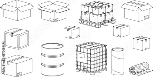 Set of Industrial packaging Outline vector illustration isolated On Transparent Background
