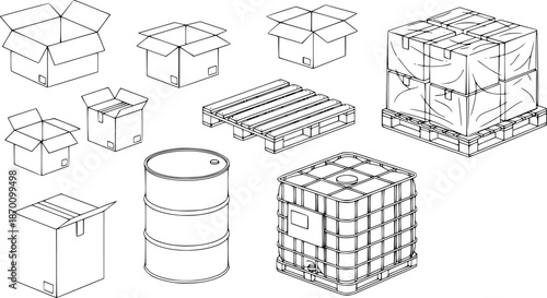 Set of Industrial packaging Outline vector illustration isolated On Transparent Background
