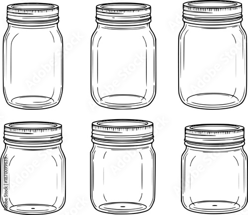 Set of Mason jars Outline vector illustration isolated On Transparent Background
