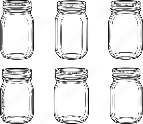 Set of Mason jars Outline vector illustration isolated On Transparent Background
