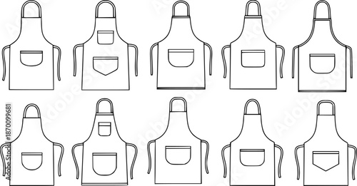 Set of Kitchen aprons with pockets Outline vector illustration isolated On Transparent Background
