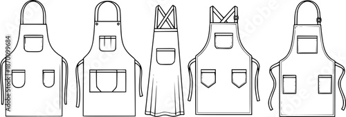 Set of Kitchen aprons with pockets Outline vector illustration isolated On Transparent Background
