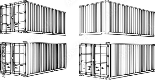 Set of Shipping containers Outline vector illustration isolated On Transparent Background
