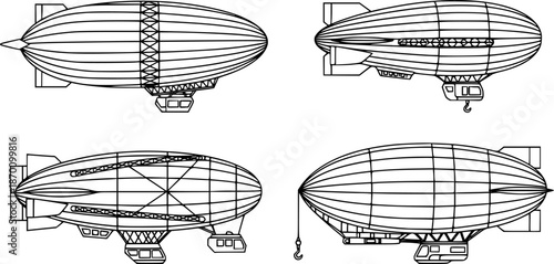 Set of Rigid airships loaders Outline vector illustration isolated On Transparent Background
