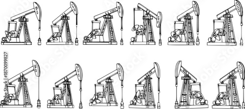 Set of Pumpjack Outline vector illustration isolated On Transparent Background
