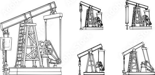 Set of Pumpjack Outline vector illustration isolated On Transparent Background
