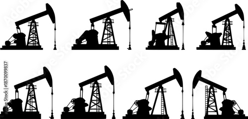 Set of Pumpjack Outline vector illustration isolated On Transparent Background
