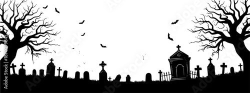 Horizontal banner with black silhouette of cemetery and trees on a white background. Nightmare landscape. Halloween vector illustration for sticker, banner, invitation, poster