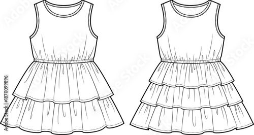Technical fashion illustration of girls’ sleeveless dresses with tiered gathered skirts, fitted bodice, and stitching details