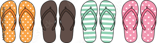 Colorful flip-flops in different styles with polka dots, stripes, hearts, and solid design for summer footwear illustration