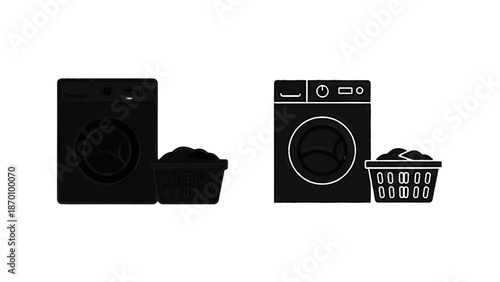 Vector illustration of, on transparent background, laundry day washing machines with baskets full of clothes
