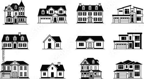 Silhouettes of houses in diverse architectural styles including Victorian, Colonial, Modern, Ranch, and Cottage residential buildings
