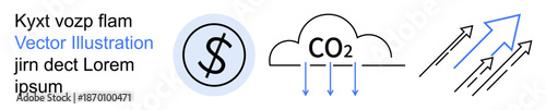 Environmental economics, sustainability, energy flow, climate change, emission reduction, carbon tracking. A dollar sign, a CO2 cloud and directional energy arrows. Environmental economics