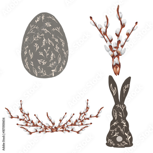 Hand-painted watercolor Easter illustration featuring delicate set of willow catkins pussy willow branches. Soft pastel tones and organic brushstrokes 