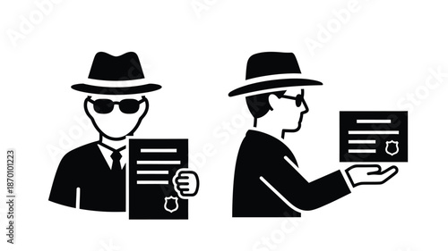 Two shadowy figures in hats and sunglasses one holding documents suggest surveillance